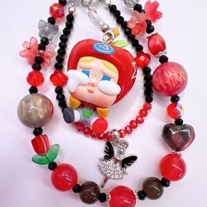 Pop Mart Cry Baby Red Phone Charms Beaded Keychain Bag Purse Charm Handmade Gift